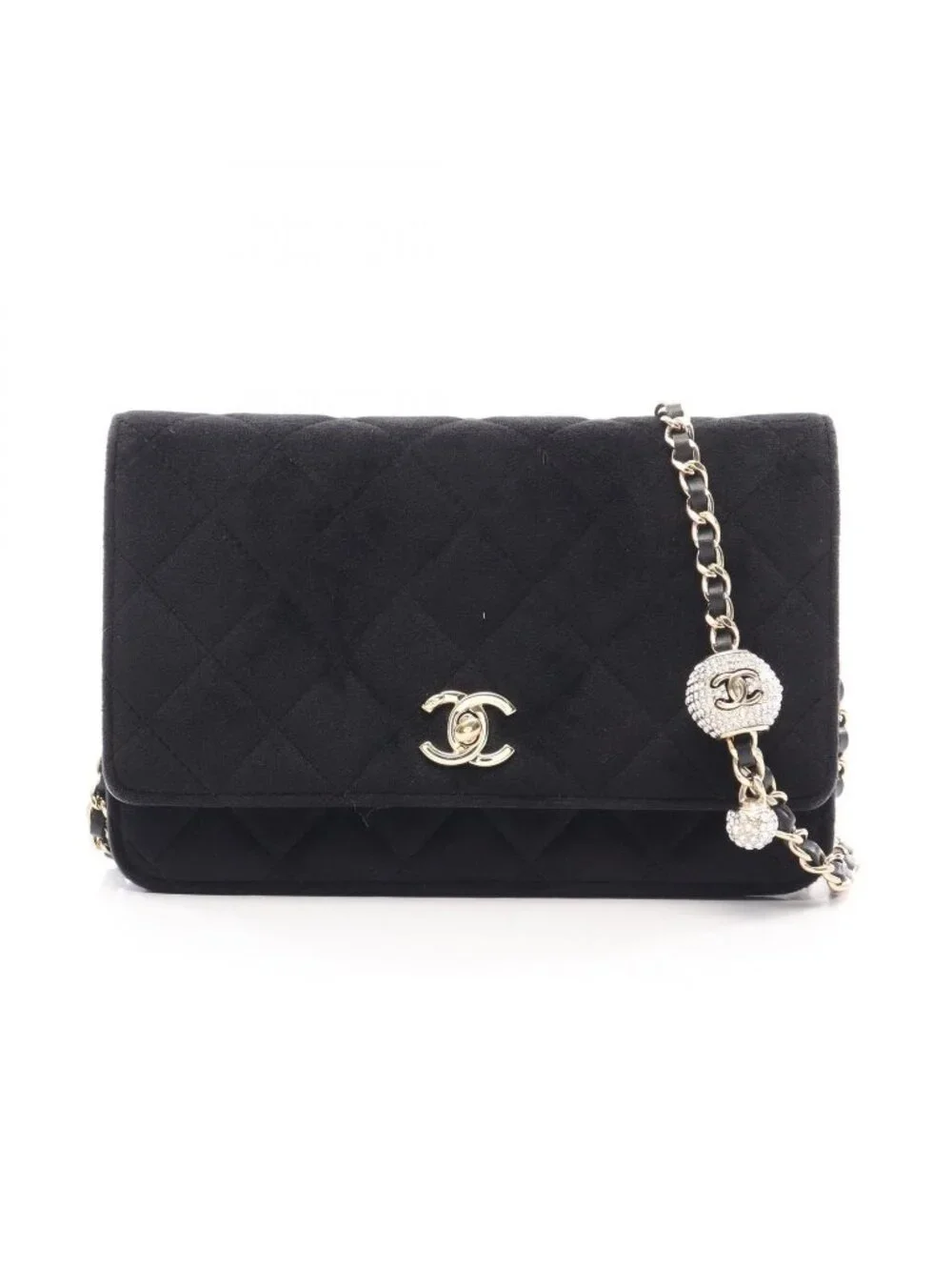 Chanel Shoulder Bag Quilted Rhinestone Black Fabric Chain Wallet